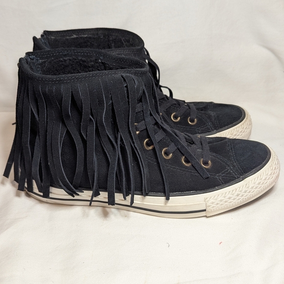 Converse High Top Chuck Taylor Fringe Black Suede Women Sz 8 - Picture 3 of 8